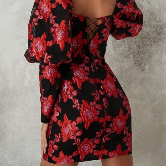 Missguided Brocade Puff Sleeve Mini Dress - Picture 1 of 3